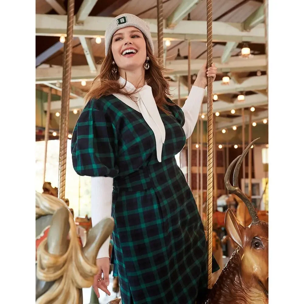 Eloquii Cotton Flannel Green Navy Plaid Tie Back Office Casual Fall Winter Dress - Picture 13 of 16